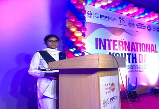 Ayesha Faheem speaks during International Youth Day