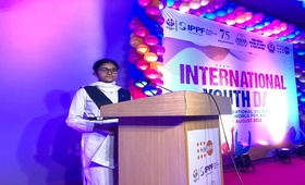 Ayesha Faheem speaks during International Youth Day